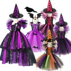 2024 Girls Witch Halloween Costume Ghost Skeleton Kids Carnival Vampire Dress Witch Cosplay Dress With Candy Bag