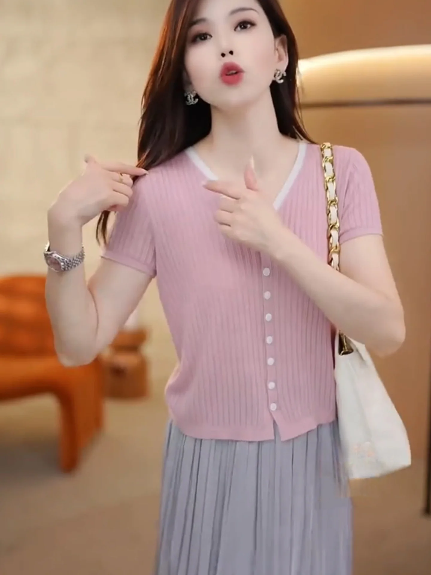 Cárdigan de Punto con Bloques de Color a la Moda, de Seda Helada, Manga Corta, con un Solo Botón, Estilo Casual, Cuello en V,...