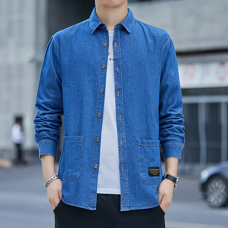 Korean Style Loose Men\'s Cotton Denim Shirt 2023 Spring Autumn Casual All-match Long-sleeved Thin Jean Jacket Classic Brand Tops