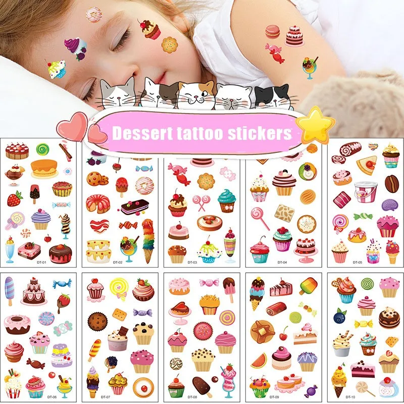 10 Pack Fake Tattoo Stickers Cartoon Temporary Tattoos Kids Arm Tattoos Kids Dessert Cake Fun Party Tattoo Stickers