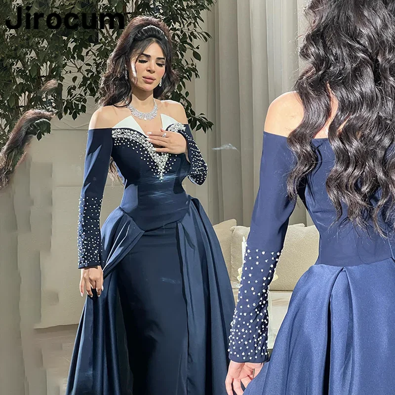 

Arabia Navy Mermaid Prom Dresses V Neck Diamond Beaded Long Sleeve Customized Evening Gowns Floor Length Formal Occasion Gowns