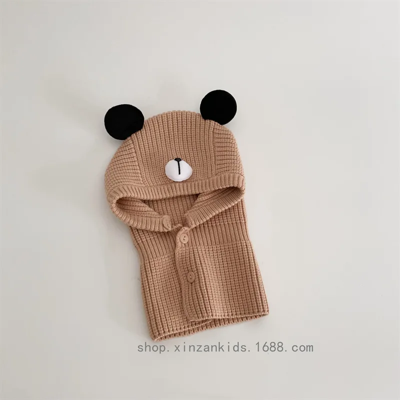 48-52cm Child Knitted Cap Winter Cute Cartoon Bear Candy Colour Baby  Warm Hat One Neck Balaclava Caps Hot