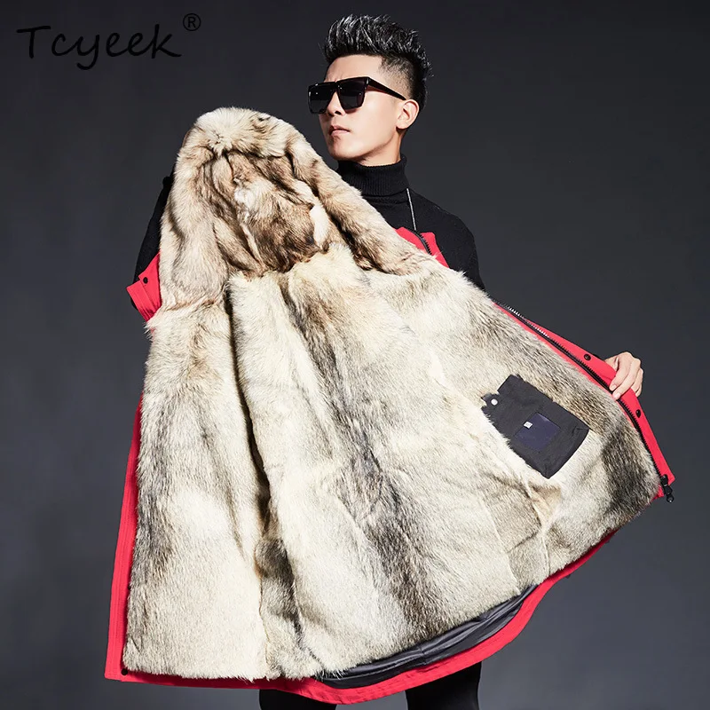 Tcyeek 本物の毛皮コート メンズ 取り外し可能な裏地付き 冬服 ミドル丈パーカー アウトドア ウルフファーコート 男性用 2025 フード付きコート