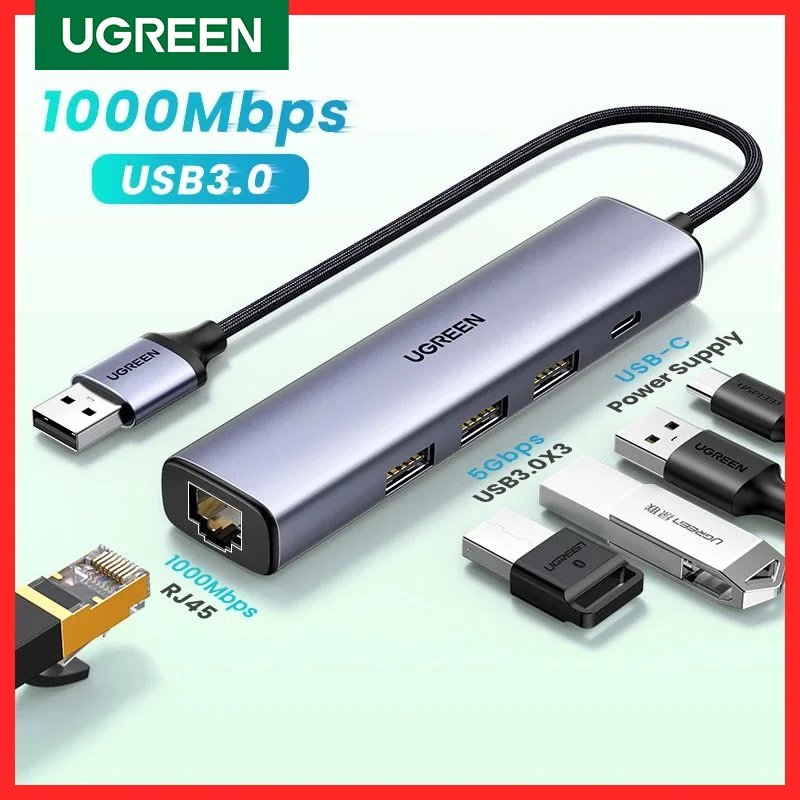 UGREEN USB Ethernet Adapter 1000/100Mbps USB3.0 HUB RJ45 Lan for Laptop PC Xiaomi Mi Box Macbook Windows USB-C HUB Network Card