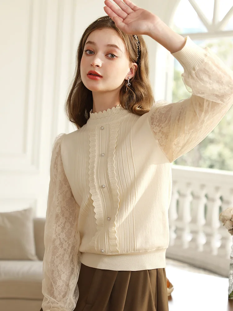 I BELIEVE YOU Sweater for Women 2023 Gentle Stand Collar Lace Long Puff Sleeve Winter New Sweet Soft Knitwears Female 2234145176