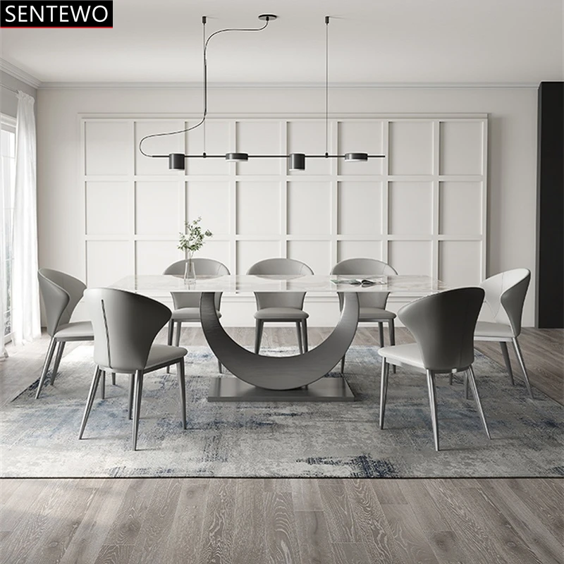 SENTEWO Luxury Rock Slab Dining Room Table With 8 Chairs Titanium Grey Base Faux Marble Tables Chair Home Furniture Masa Tablo