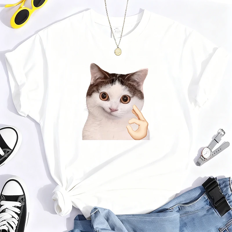 تي شيرت 100% من القطن الخالص مطبوع عليه قطة مضحكة برقبة دائرية، قميص كاجوال بأكمام قصيرة كل يوم لجميع المواسم، ملابس نسائية