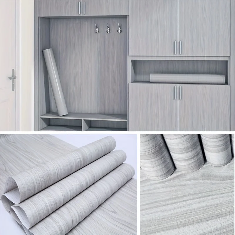 [Waterproof PVC Wood Vinyl] Self-Adhesive Grey Wood Grain Wallpaper - Waterproof Remove for Kitchen Cabinet and Furniture