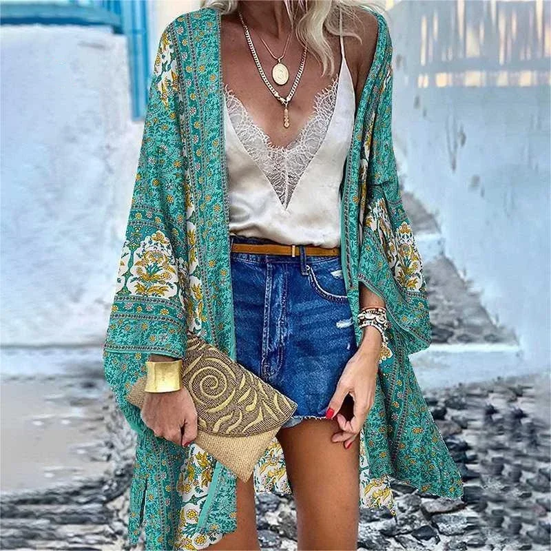 New Summer Bohemian Beach Wear Printed Cardigan Jacket Long Sleeve Leisure Holiday Beach Swimsuit Blouse Shawl Long Coat
