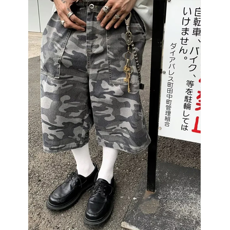 

Y2K American Vibe Washed Camo Workwear Jeans Shorts Man's High Waist Straight Leg Slimming Wide Leg Mid-Length Pants