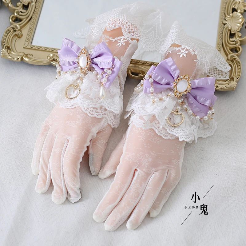 Guantes calados de encaje dulce para niñas, guantes finos de malla para ceremonia para mujeres, guantes sexis Punk Lolita