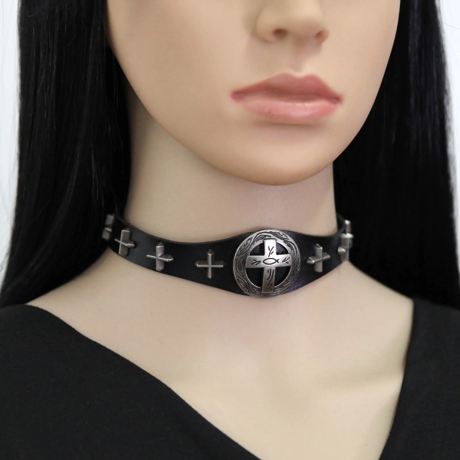 Dark Wind Cross PU leather Pendant Choker Punk Retro Men and women Leather Collarbone chain Hip hop Rock and roll Accessory