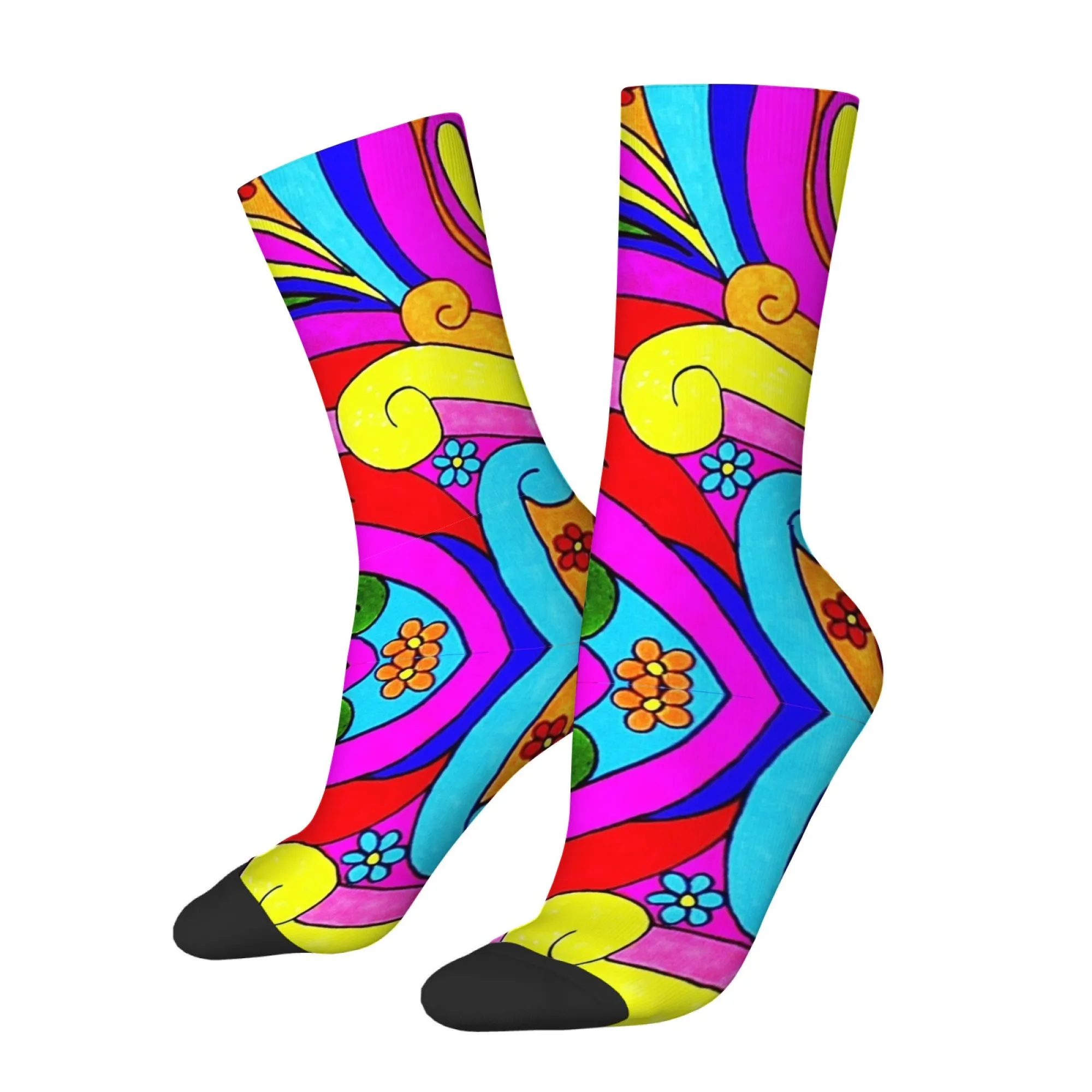 

Psychedelic Hippie Wavy Floral Print Men's Socks Retro Pop Style Socks Skin-friendly Breathable Non-slip Outdoor Sports Socks