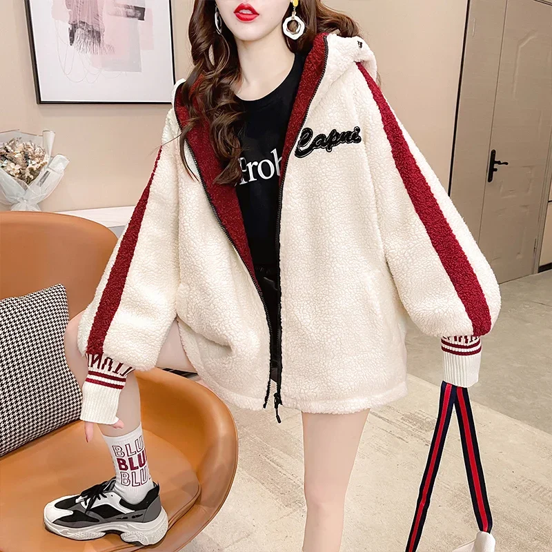 Women 2024 New Autumn Winter Fashion Embroidery Hooded Jacket Lamb Plush Coat Outerwear Ladies Plus Velvet Thick Warm Overcoat