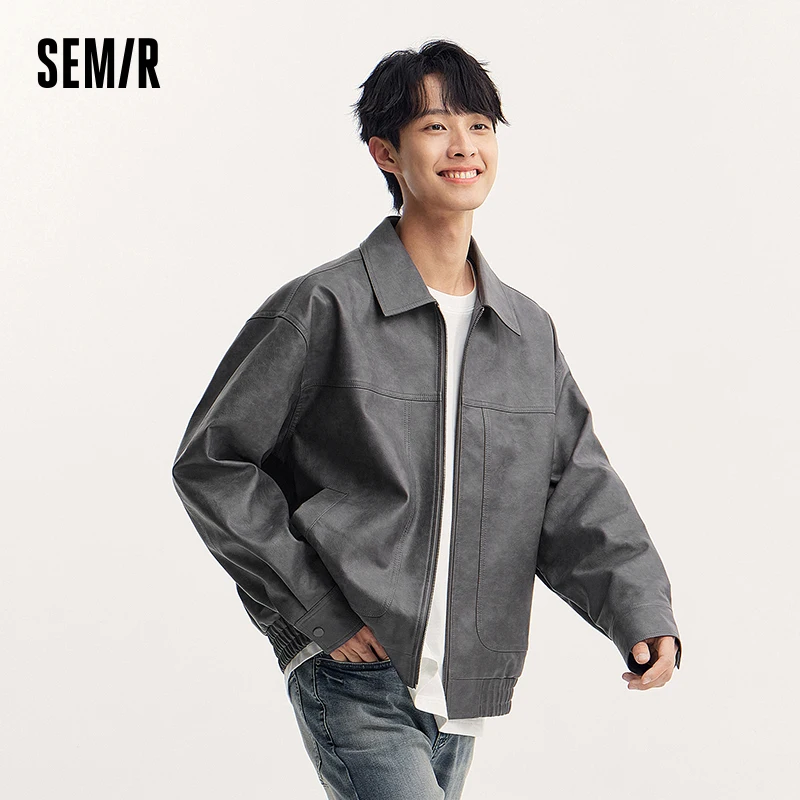 Semir Coat Men 2024 Autumn New Fashion Textured PU Leather Jacket Short Loose Simple Classic Jacket