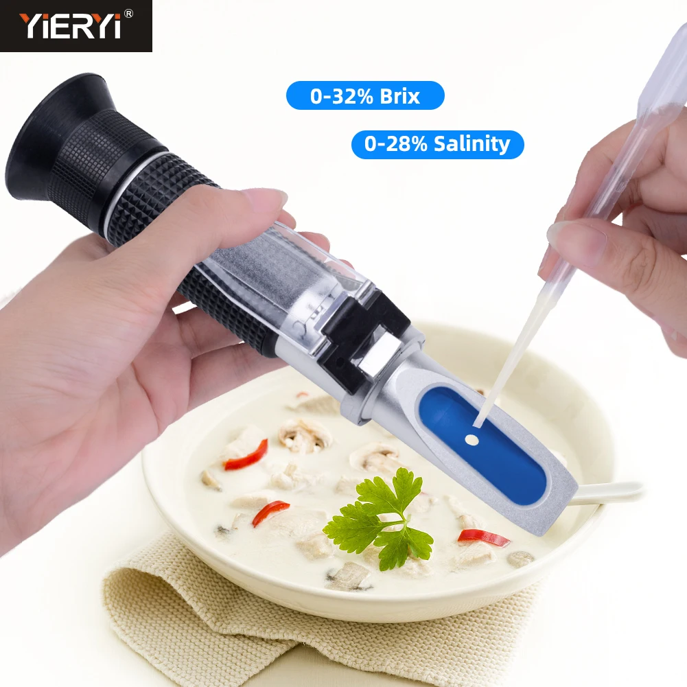 2-in-1 Brix Refractometer 0-32% Brix & 0-28% Salinity Concentration Meter ATC Salt Tester for Food Brine Kimchi Fruit Juice Milk