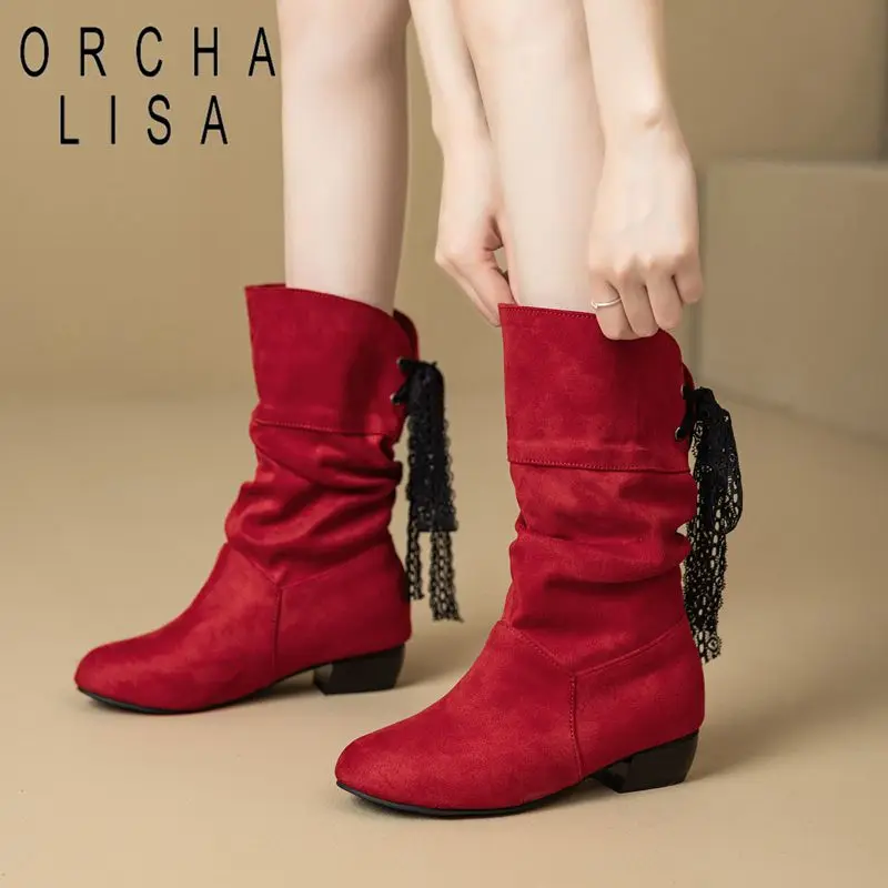 

Женские замшевые ботинки ORCHA LISA на шнуровке, средней длины, с плиссировкой, на массивном каблуке 3,5 см, большие размеры 45, 46, 47, для свиданий, осенние