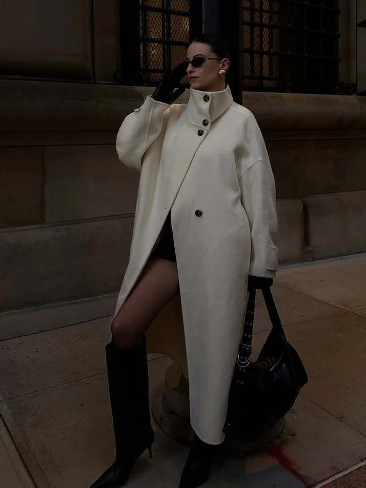 

HH Women Fashion High Collar Loose Long Woolen Coat Female Simple Temperament Versatile Single Breasted Solid Street Jacket