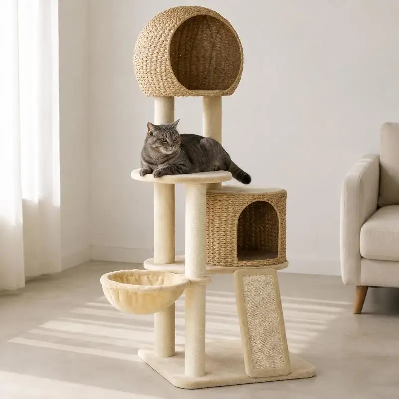 Arbre à chat griffoir en sisal naturel avec 2 niches, plateforme, hamac et peluche en jacint d'eau - 60 x 60 x 150 cm beige. Structure d'escalade pour chat avec éléments de support, idéale pour l'alimentation quotidienne en famille et la création d'espaces d'activités exclusifs pour animaux de compagnie.