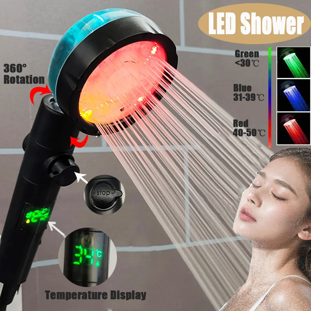 

Светодиодный цифровой дисплей температуры, насадка для душа под давлением с вентилятором, красочный ручной душ высокого давления с большим расходом и одной кнопкой