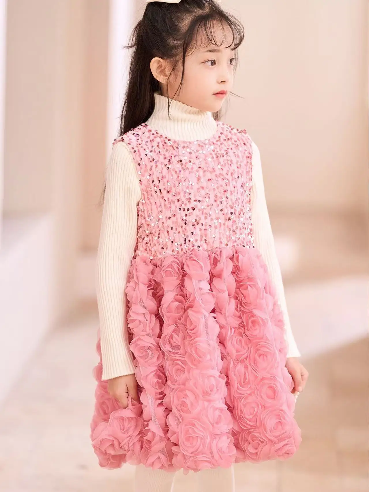 فساتين الأميرة الأطفال ربيع/خريف 2026 الوافدين الجدد الفتيات زلة منتفخ التنانير الفتيات الوردي الأزهار فساتين رسمية 90-130 سنتيمتر #5