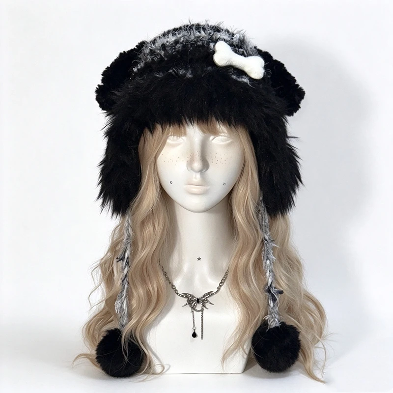 Handmade Black Gray Puppy Ear Trapper Hat Men Custom Crochet Pom Bone Knit Beanie Women Winter Warm Kawaii Gothic Casual Caps