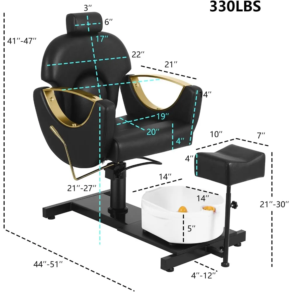 Hydraulic Pedicure Chair with Stool 360 Swivel Pedicure Chair Adjustable Height No Plumbing for Nail Tech, Foot Spa Black Gold