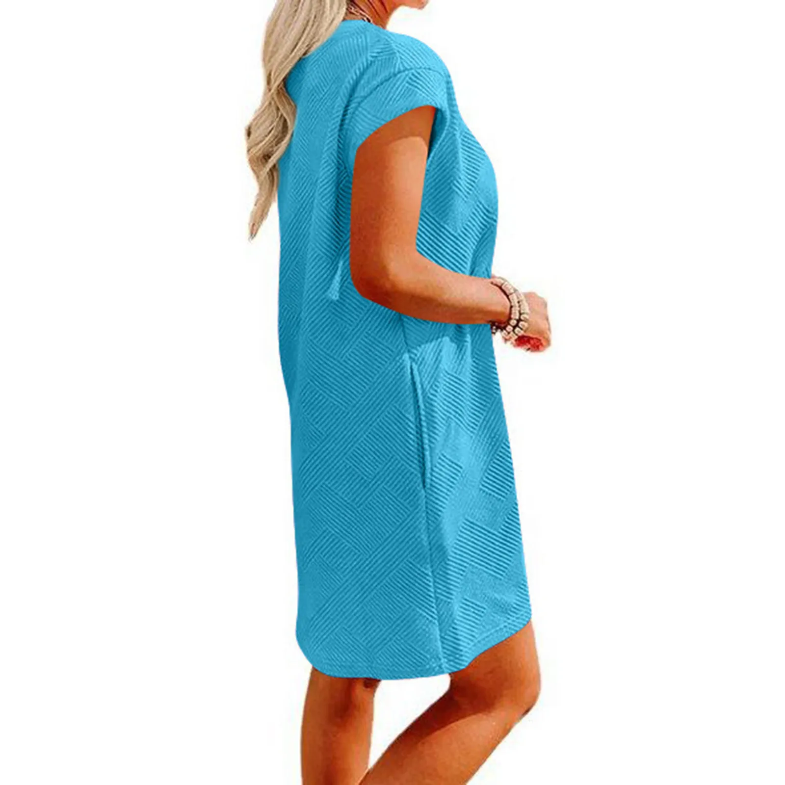 2025 verano Casual deportes cuello redondo bolsillo manga corta vestido suelto mujeres acanalado trajes conservadores vestido veraniego