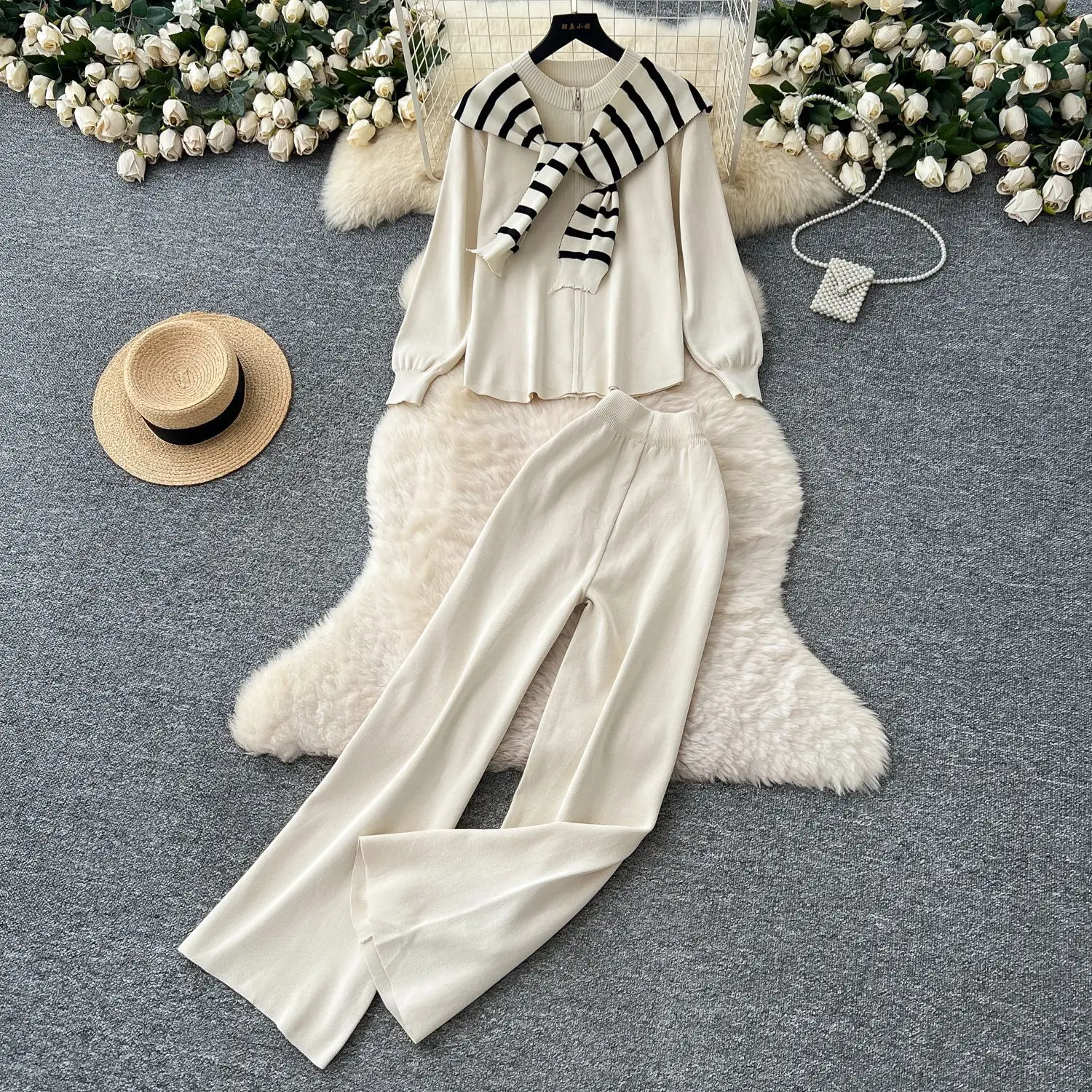 

Women Pant Set Two Piece Sets Round Neck Full Sleeve Loose Casual Tops Wide Leg Long Pants High Waist Y2k Streetwear Work