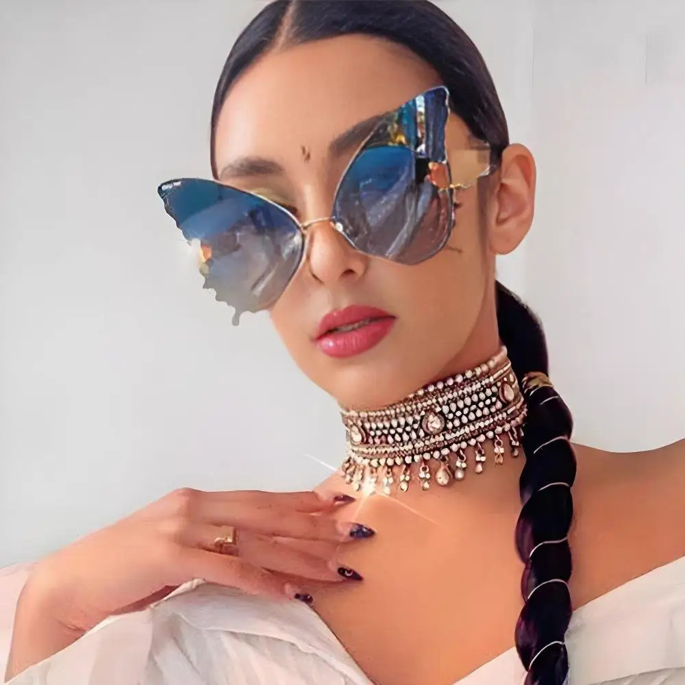 

Y2K Роскошные солнцезащитные очки с бриллиантами для женщин и мужчин, солнцезащитные очки без оправы со стразами в форме бабочки, большие блестящие градиентные очки