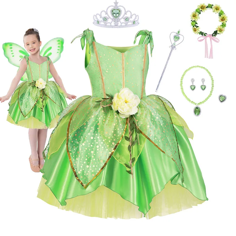 Tinkerbell Dress For Baby Girls Tutu Princess Costume Birthday Christmas Gift Role Play Cosplay Party Disguise Green Frocks