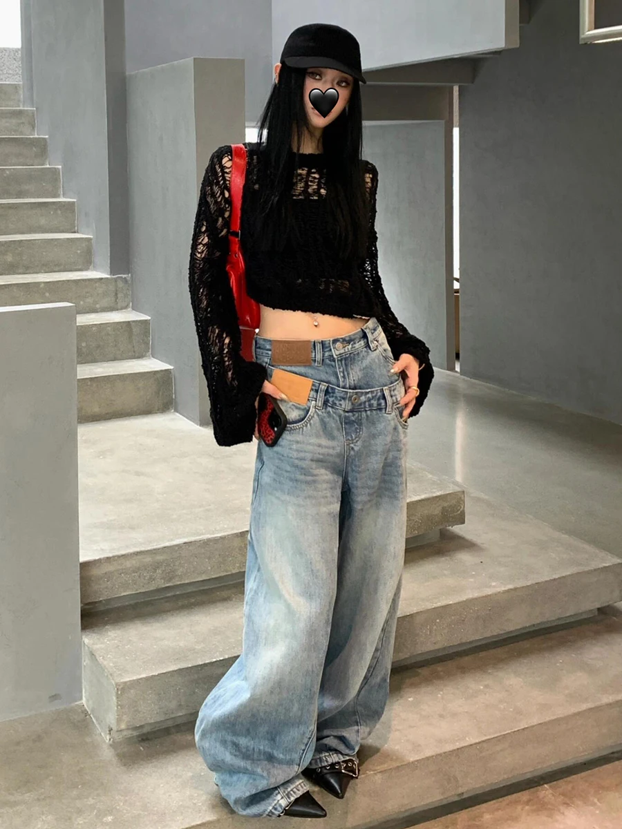 กางเกงยีนส์ทรงบอยเฟรนด์เอวต่ำแบบสองชิ้นปลอม มีกระเป๋า ลุคสบายๆ สไตล์เกาหลี REDDACHiC