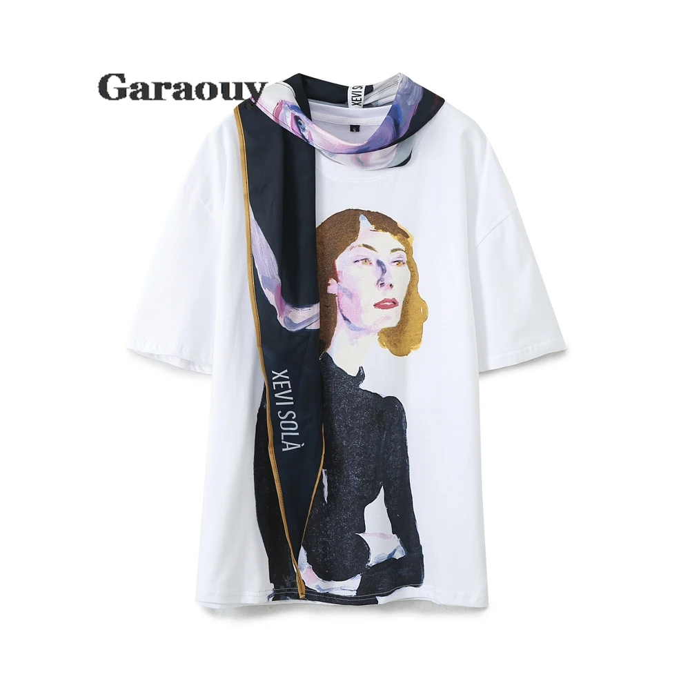 Garaouy 2024 New Spring Summer Women\'s Round Neck Short Sleeve White Loose T-Shirt Graphic Print Decorative Tees