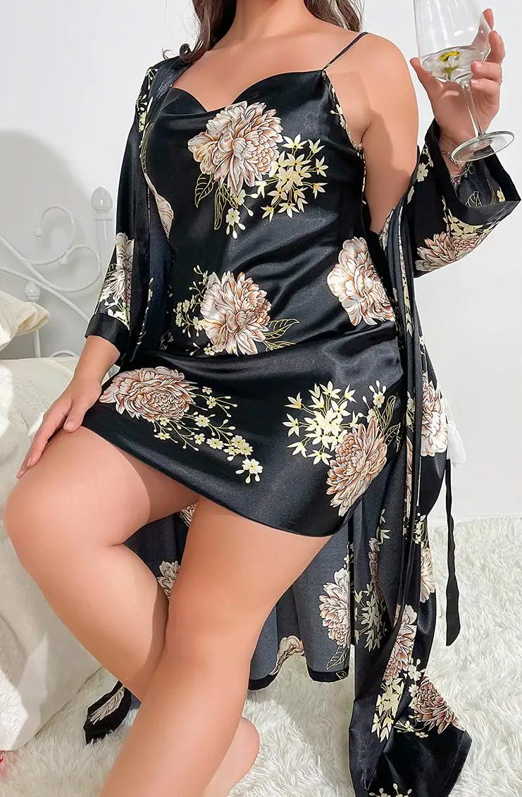 PLUS ขนาด XL-5XL ผู้หญิงเสื้อคลุมอาบน้ำชุดสูทพิมพ์ชุดราตรีกิโมโนฤดูร้อนเลดี้ชุดเสื้อคลุมซาตินชุดนอนชุดนอนชุดชั้นใน