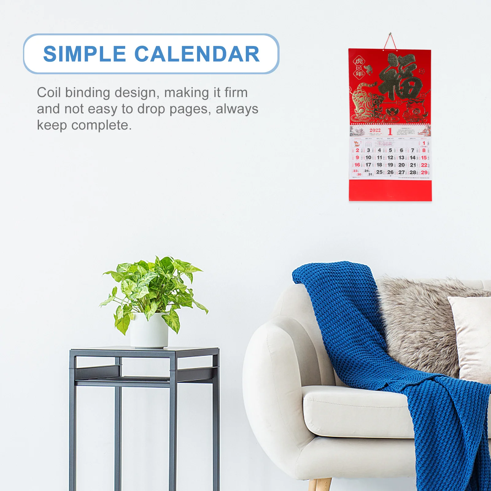 

2Pcs Fu Character Hanging Calendar 2022 Traditional Chinese Year Calendar Coil Binding Design Clear Color Office Home Decor