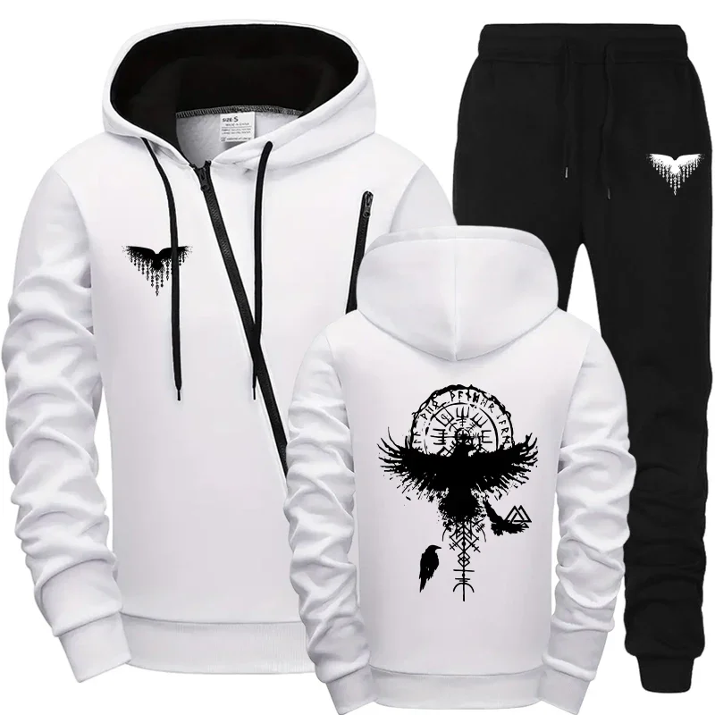 Autumn Winter Mens Fashion Tracksuit 2025 Diagonal Zipper Design Hoodie Joggers Motorcycle Outfit Ancient Raven Print Outerwear