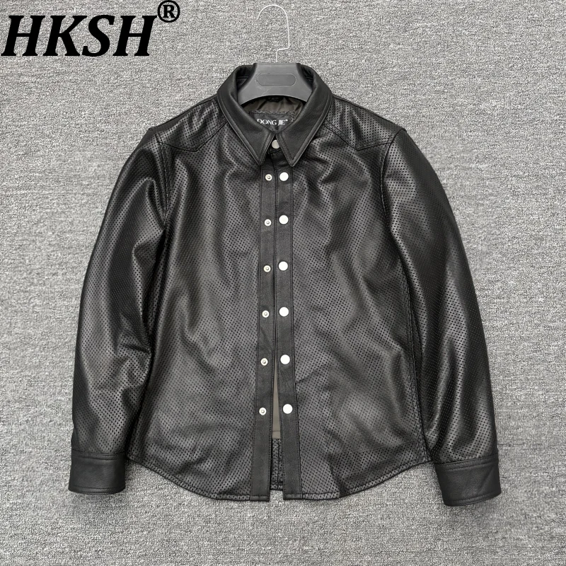 

HKSH весна осень новая мужская темная дышащая перфорированная рубашка из овчины с отложным воротником куртка модный повседневный топ HK16912