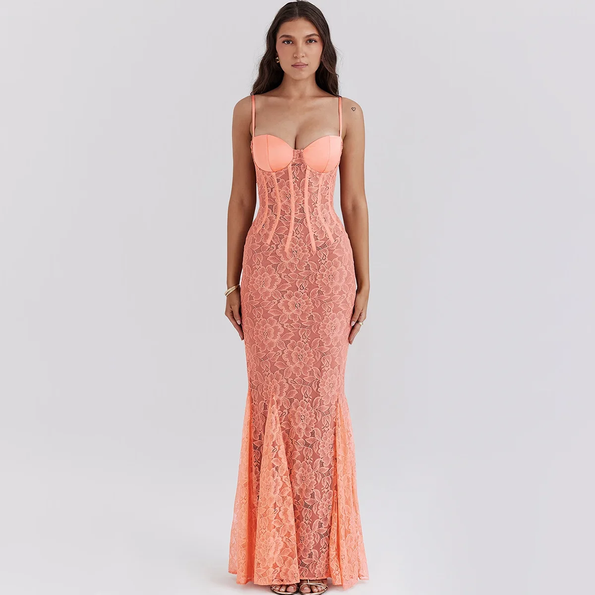 Sladuo Women Sexy Spahetti Strap Orange Lace Maxi Dress Sleeveless Bodycon Evening Party Club Dresses Vestidos