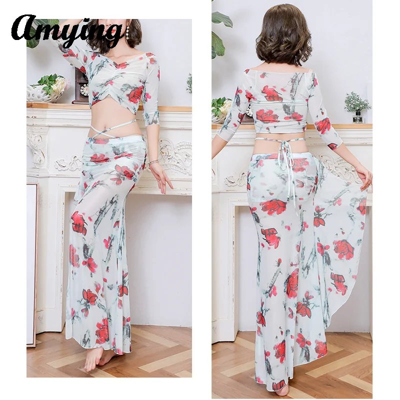 Sexy Buikdans Mesh Top + Split Rok Outfit Oosterse Indiase Dans Godin Split Rok Vrouwen Training Training Set