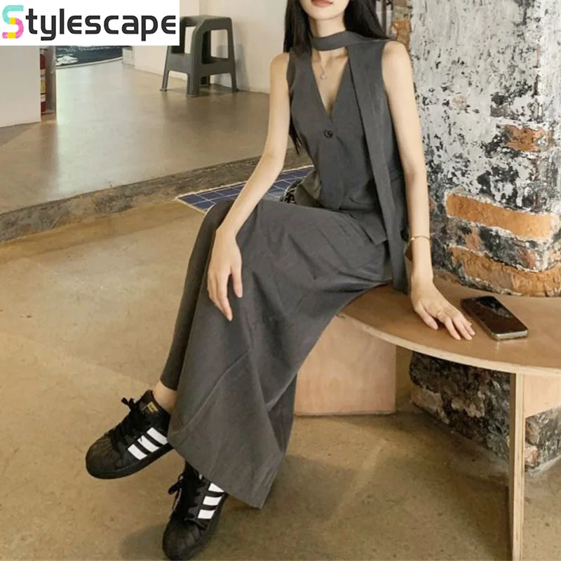 

Vintage Style Suit Set with Sleeveless Gray Vest, Women's Summer Split Skirt, High-end Two-piece Set Skirts for Women Skirt Sets