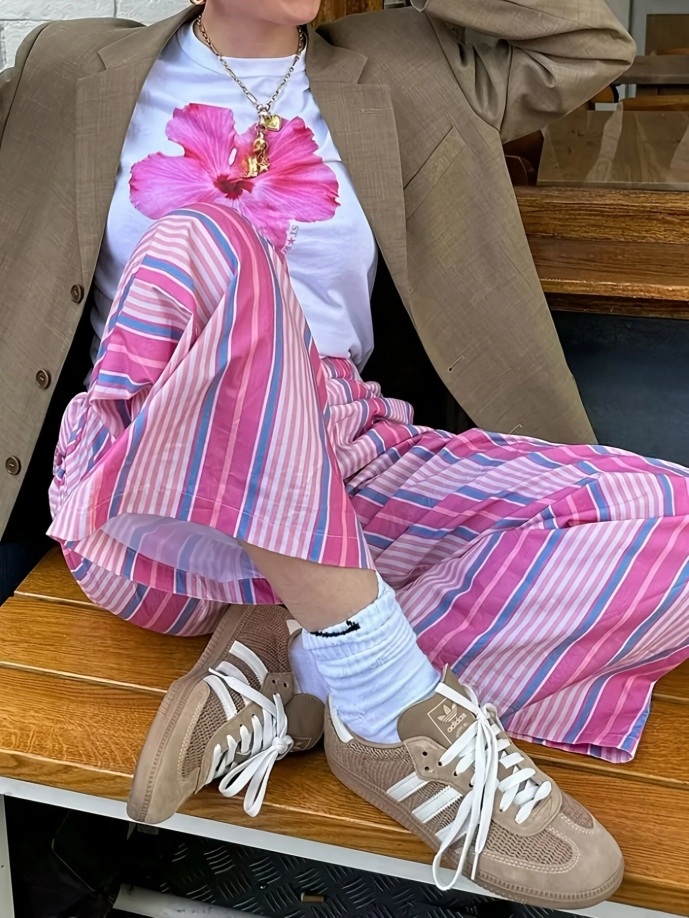 2025 European and American women's striped splicing high waisted loose straight leg fashionable casual comfortable pants