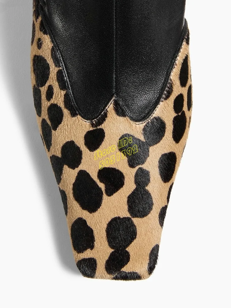 

Leopard Patchwork Slip On Ankle Booties Small Square Toe Block High Heel Runway 2026 Winter Autumn Women Dress Shoes Handmade