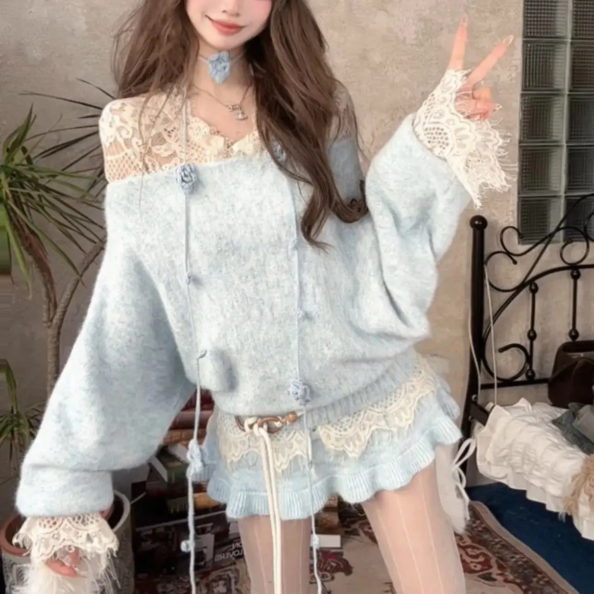 Korean Style Sweet Lace Splicing Loose Knitted Sweater with Belt Casual Comfortable Midweight Wool Blend Women's Top