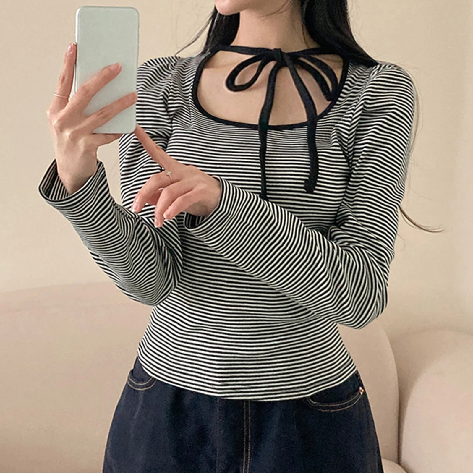 New Fashion Womens Tie-up Front Tops Long Sleeve Square Neck Stripes Print Slim Fit Shirts Spring Fall Blouses Hot Sale S M L