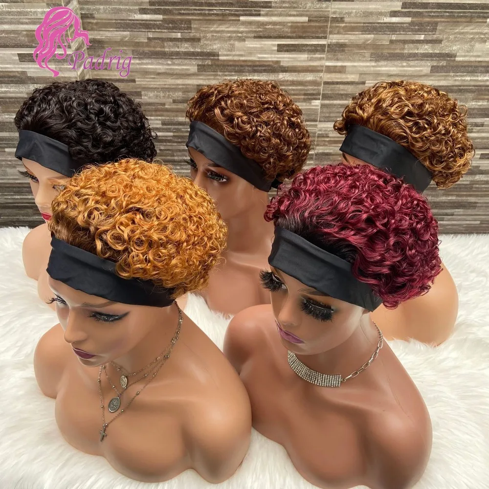 Diadema de cabello humano de colores, peluca rizada de corte Pixie para mujeres, pelucas hechas a máquina, cabello virgen brasileño sin pegamento