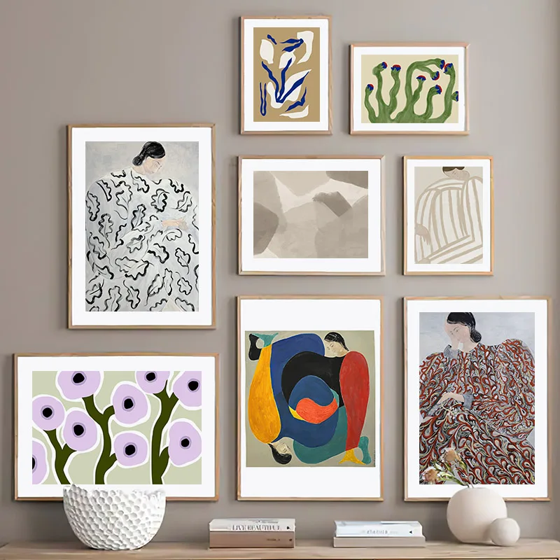 

Abstract Line Striped Pyjamas Woman Posters And Prints Geometric Flower Leaf Canvas Painting Wall Art Living Room Home Decor