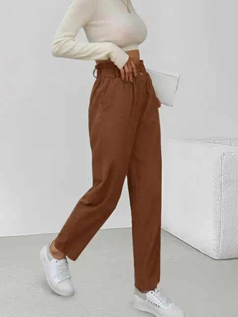 2025 جديد الخريف/الشتاء عادية أنيقة مطاطا تسع نقاط السراويل ركاب سروال قصير مستقيم الساق للنساء بنطلون أسفل