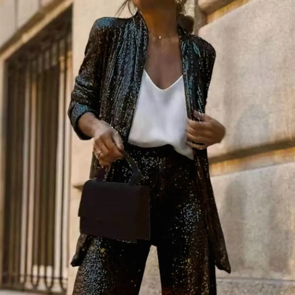 Elastic Waist Sequin Pants Elegant Sequin Cardigan Wide Leg Pants Set for Women Formal Commute Style Coat with High Waist Pants