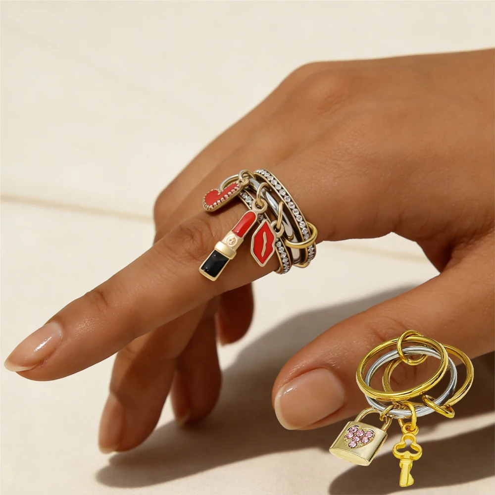 Lips Charms Stainless Steel Stackable Rings Set For Women Red Lipstick Heart Pendant Iced Out Spinelli Ring INS Fashion Jewelry