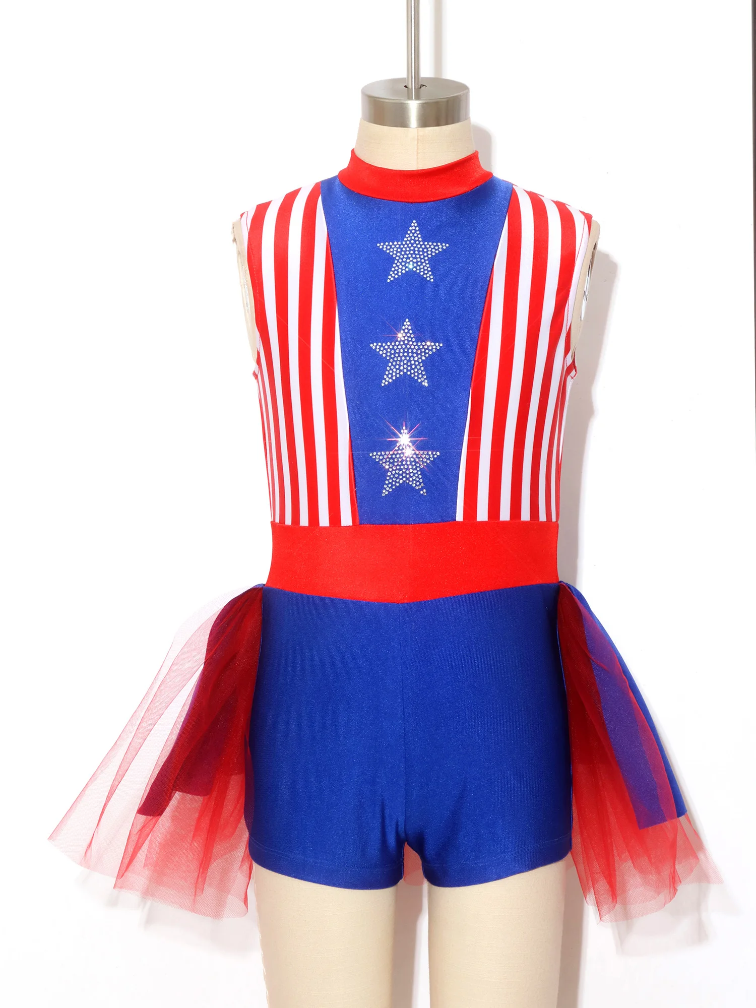Costume de la fête de l'indépendance pour adolescentes, combinaison de danse une pièce, combinaison à rayures colorées avec étoiles en strass et jupe tutu en tulle